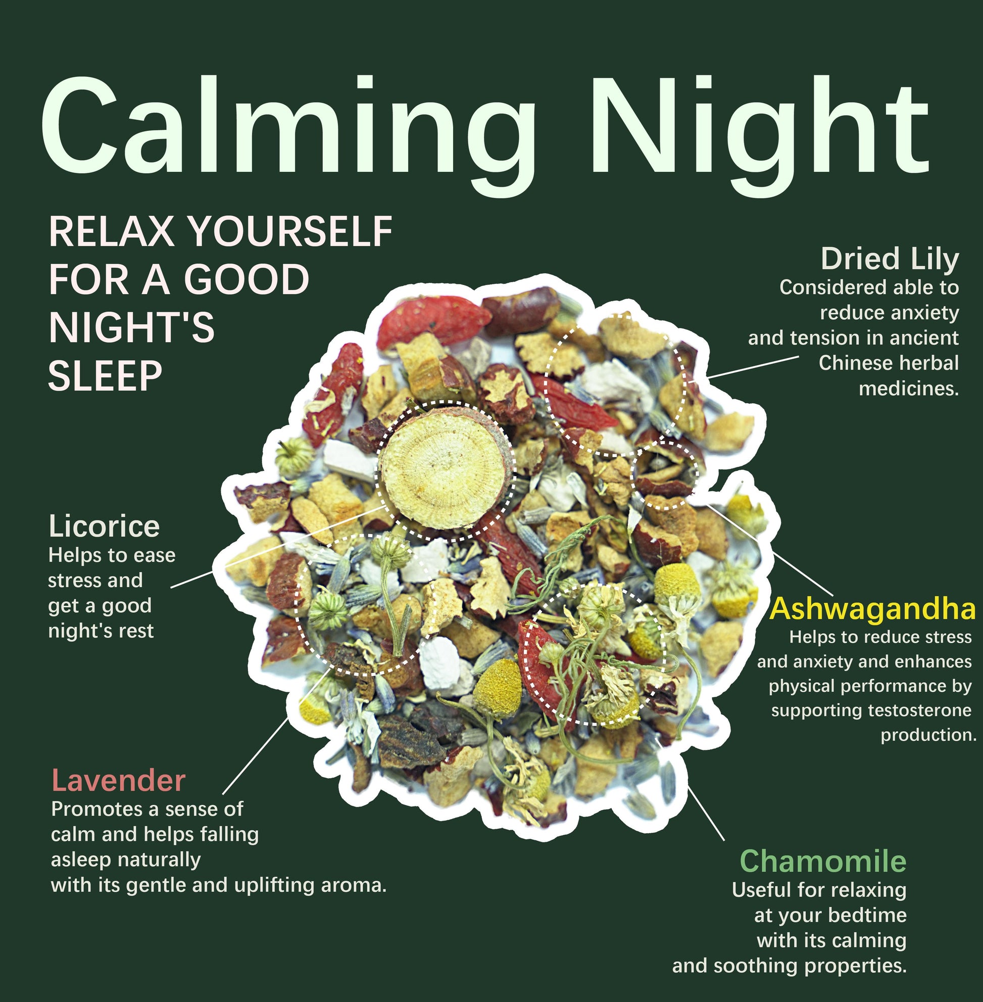HERBLIGHT Herblight Calming Night Herbal Tea - Sleep Support & Stress Relief | Ashwagandha, Chamomile, Lavender& Licorice| Caffeine Free | pure Natural, No flavors | 2.6oz(75g) | 15 Tea Bags