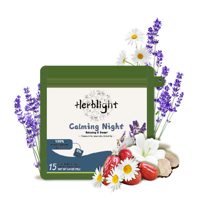 HERBLIGHT Herblight Calming Night Herbal Tea - Sleep Support & Stress Relief | Ashwagandha, Chamomile, Lavender& Licorice| Caffeine Free | pure Natural, No flavors | 2.6oz(75g) | 15 Tea Bags